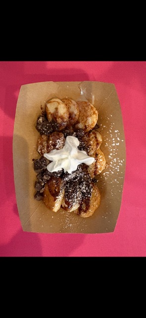 Cookies and Cream mini pancakes with crushed Oreo and chocolate drizzle