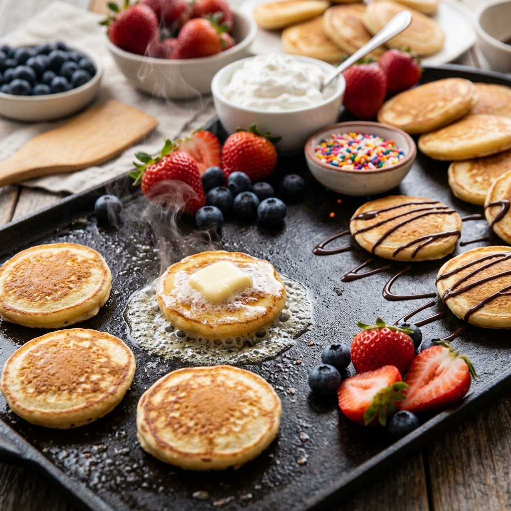 Mini pancakes being freshly cooked on a griddle