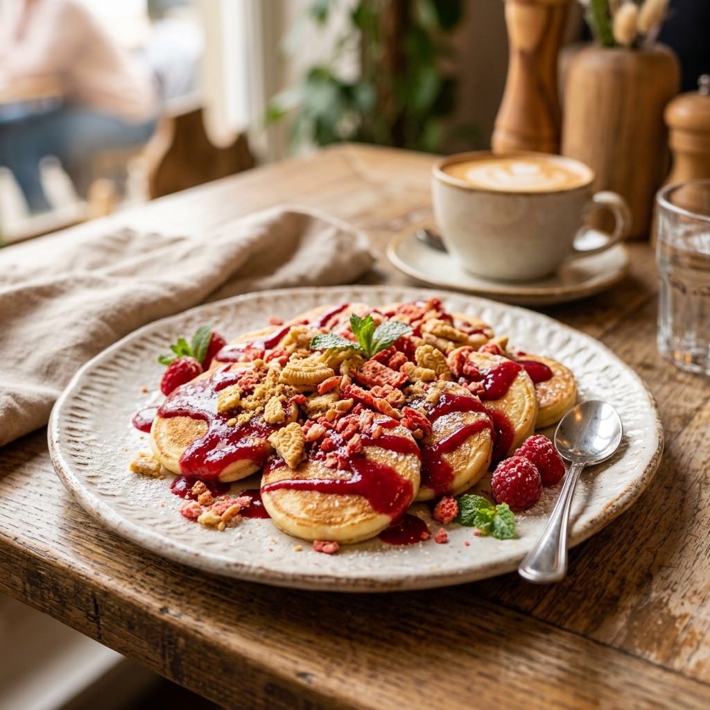Strawberry Cookie Crunch mini pancakes with golden Oreos